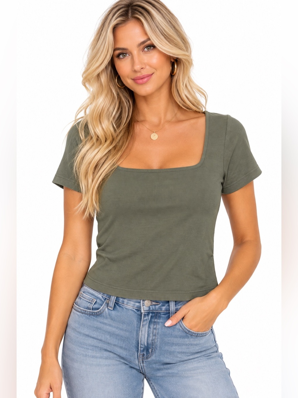 Altar’d State Intimates Size L/XL Square Neck Short Sleeve Top - Olive